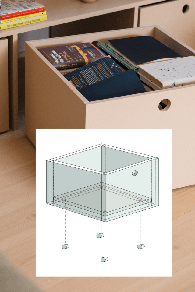 Bilde av boksen, med tegning av hvordan den er satt sammen