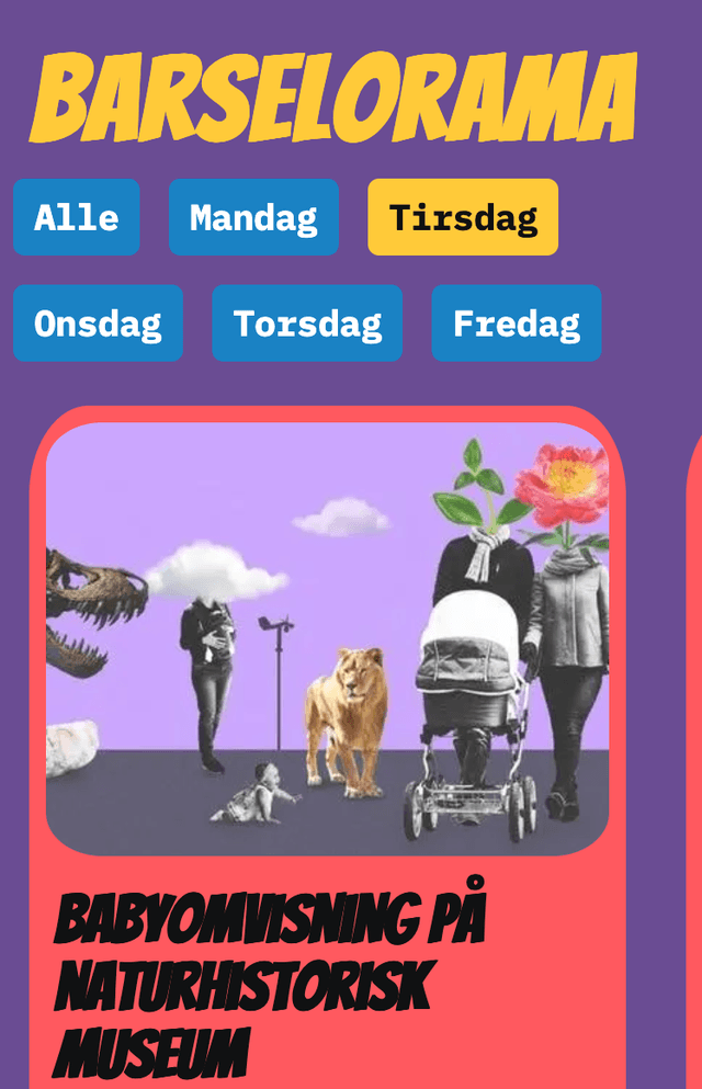 Illustrasjon av barselorama siden, med forskjellige ukedager og en aktivitet